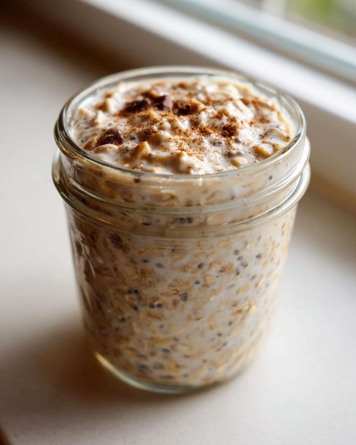 Close-up of apple cinnamon overnight oats soaking in milk inside a glass jar, topped with cinnamon.
