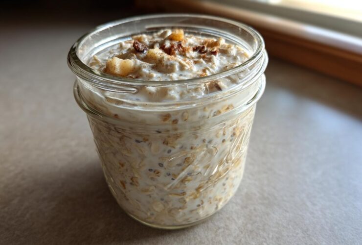 A close-up of apple cinnamon overnight oats soaking in milk inside a clear mason jar, topped with apples and cinnamon.