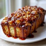A golden loaf of apple dapple cake topped with caramelized apples and nuts, dripping with rich caramel sauce.