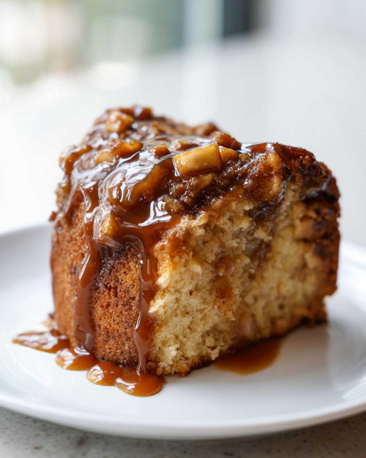 Close-up of a moist slice of apple dapple cake topped with chunky caramel sauce.