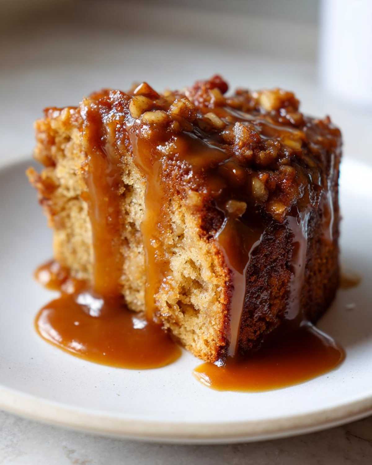 A close-up of a moist slice of apple dapple cake generously covered in sticky caramel sauce and chopped nuts.