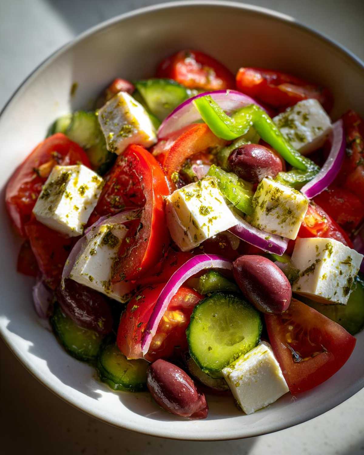 Vibrant close-up of an authentic greek salad featuring large chunks of feta, tomatoes, cucumbers, red onion, and Kalamata olives.
