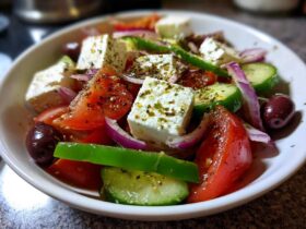 Close-up of a vibrant bowl of authentic greek salad featuring large cubes of feta, tomatoes, cucumbers, red onion, and Kalamata olives.