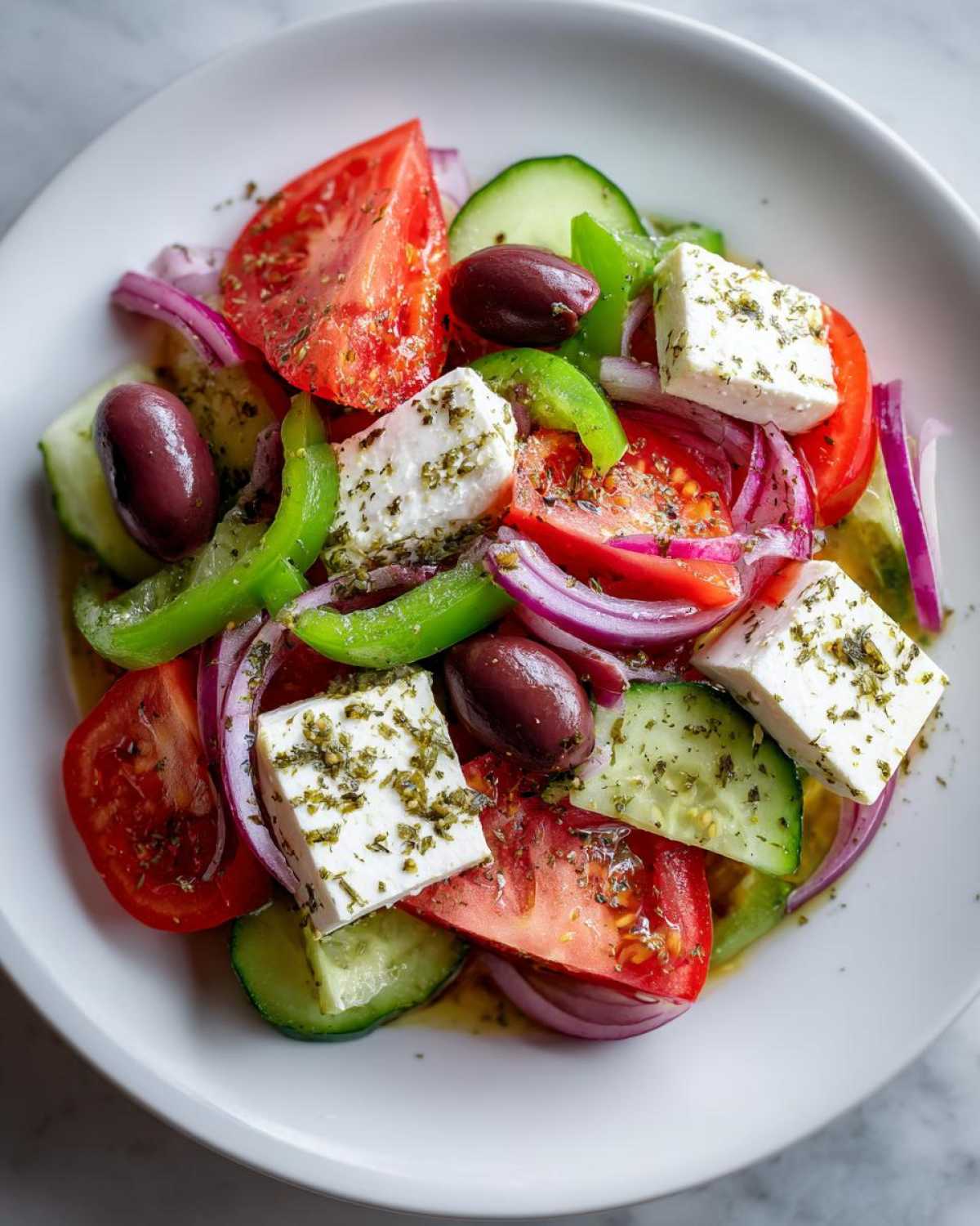 Close-up overhead view of an authentic greek salad featuring large chunks of feta, tomatoes, cucumbers, red onion, green pepper, and Kalamata olives.