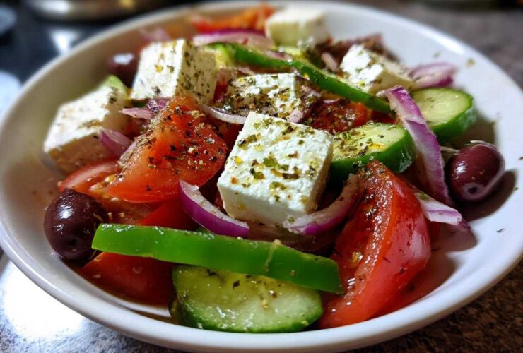 Close-up of a vibrant bowl of authentic greek salad featuring large cubes of feta, tomatoes, cucumbers, red onion, and Kalamata olives.