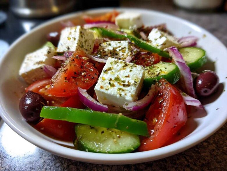 Close-up of a vibrant bowl of authentic greek salad featuring large cubes of feta, tomatoes, cucumbers, red onion, and Kalamata olives.