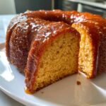 Close-up of a moist slice cut from a Bacardi Rum Cake, heavily drizzled with a shiny, amber glaze.