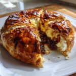 A warm, golden-brown baked brie wrapped in flaky pastry, cut open to show melted cheese and fruit topping.