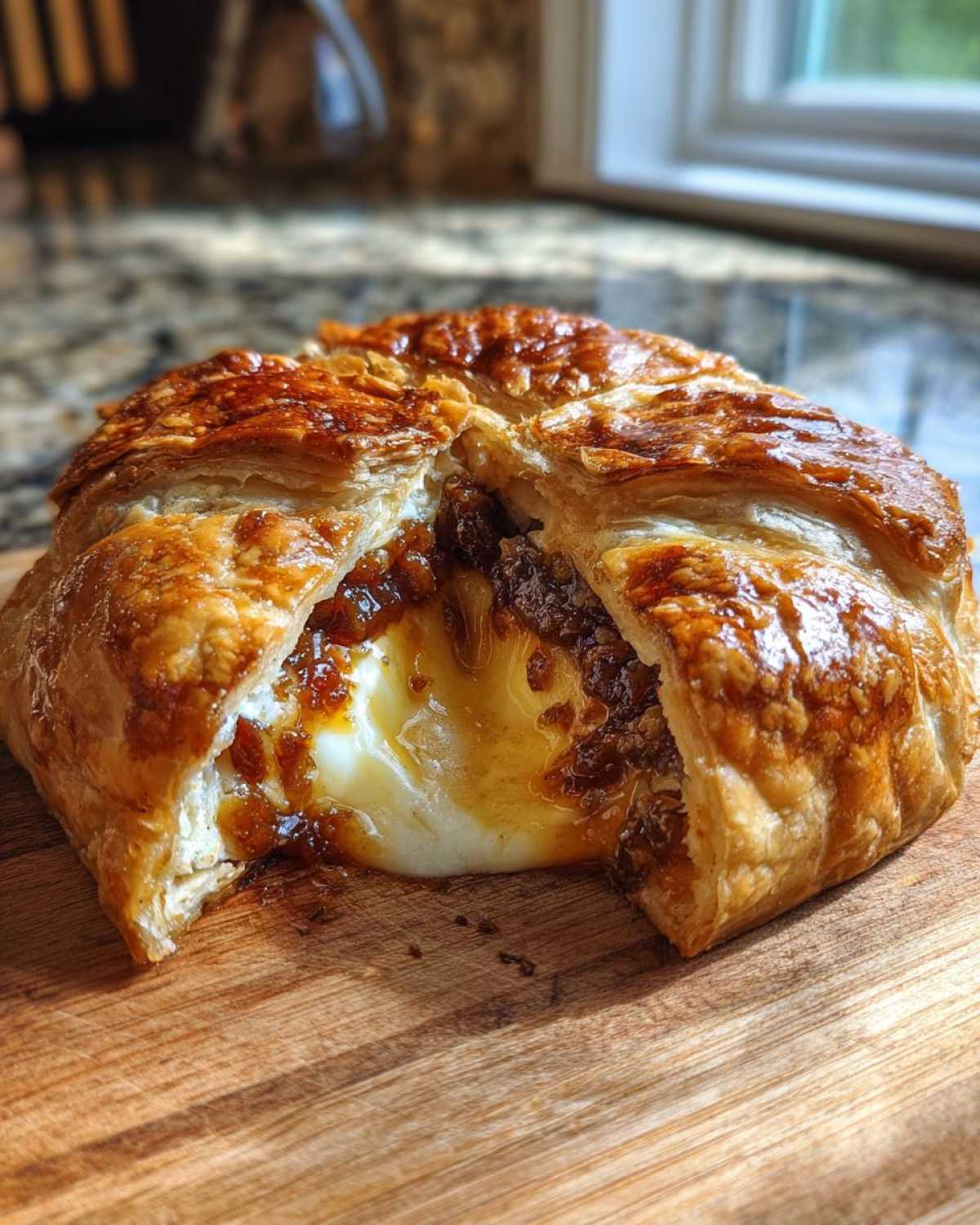 Close-up of baked brie wrapped in golden puff pastry, cut open to show the melted cheese and jam filling.