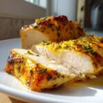 Slices of juicy baked chicken breast, topped with herbs and lemon zest, showing moist white meat.