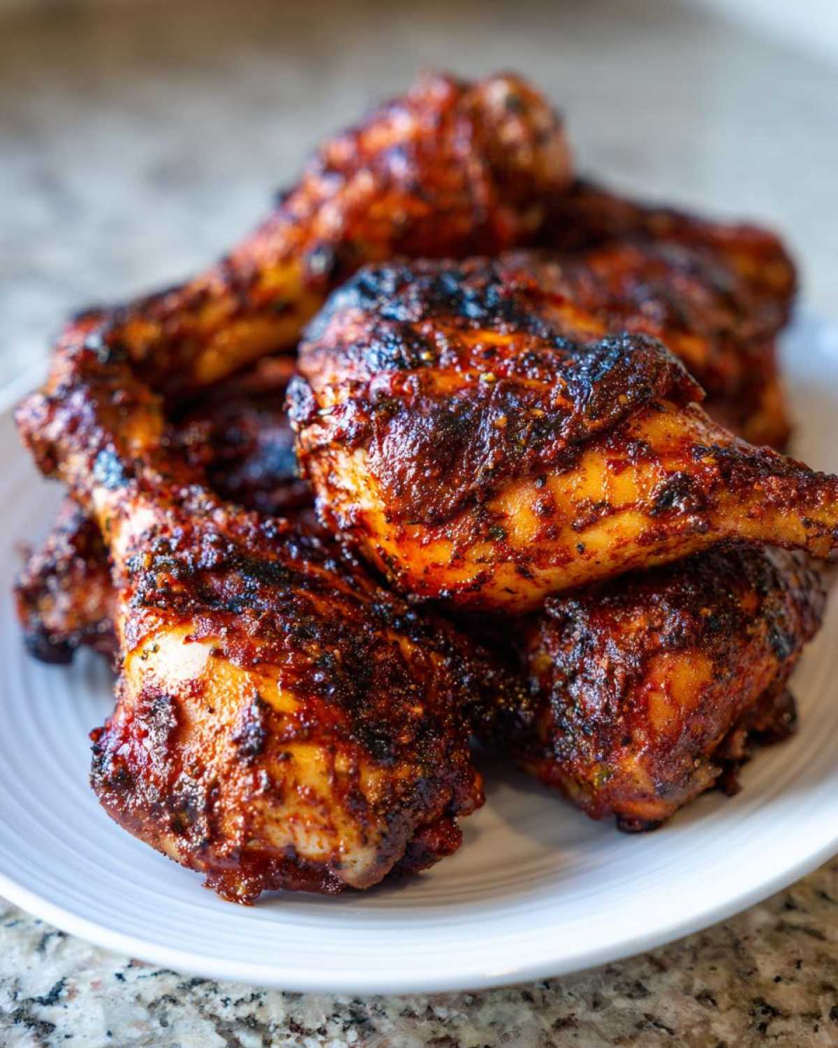 A close-up of several baked jamaican jerk chicken drumsticks piled on a white plate, showing a dark, spicy crust.