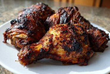 Close-up of several pieces of baked jamaican jerk chicken with a dark, charred, and spicy-looking crust on a white plate.