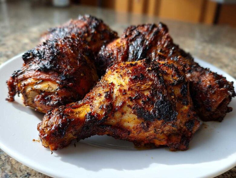 Close-up of several pieces of baked jamaican jerk chicken with a dark, charred, and spicy-looking crust on a white plate.