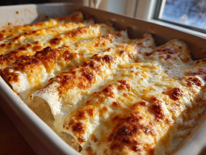 Close-up of freshly baked white chicken enchiladas covered in melted, bubbly, and browned cheese.