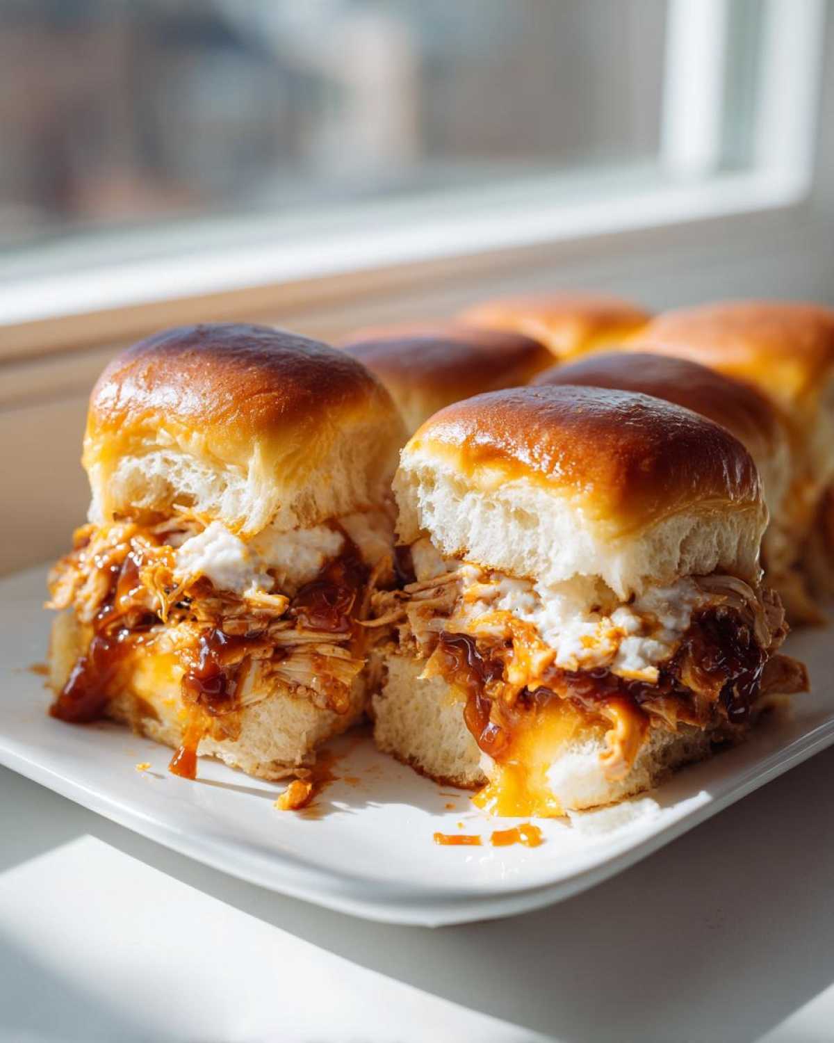 Two halves of a delicious bbq chicken sliders sandwich, filled with shredded chicken and dripping with BBQ sauce, resting on a white platter.