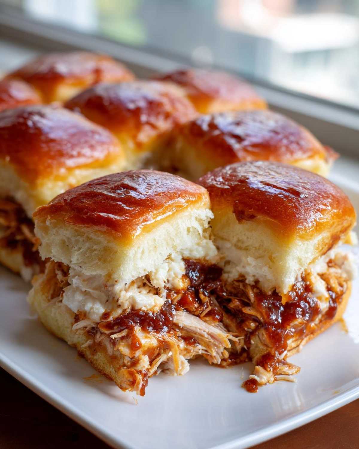 A close-up of a freshly baked batch of bbq chicken sliders, showing shredded chicken mixed with sauce and cheese inside glossy, golden-brown buns.