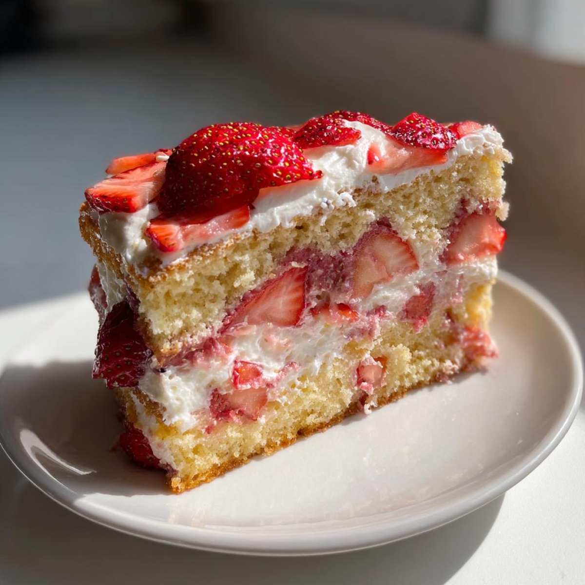 A tall slice of red velvet strawberry cake layered with white frosting and fresh strawberries.