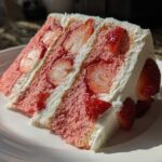 A generous slice of homemade strawberry cake featuring pink layers, fresh sliced strawberries, and thick white whipped cream frosting.