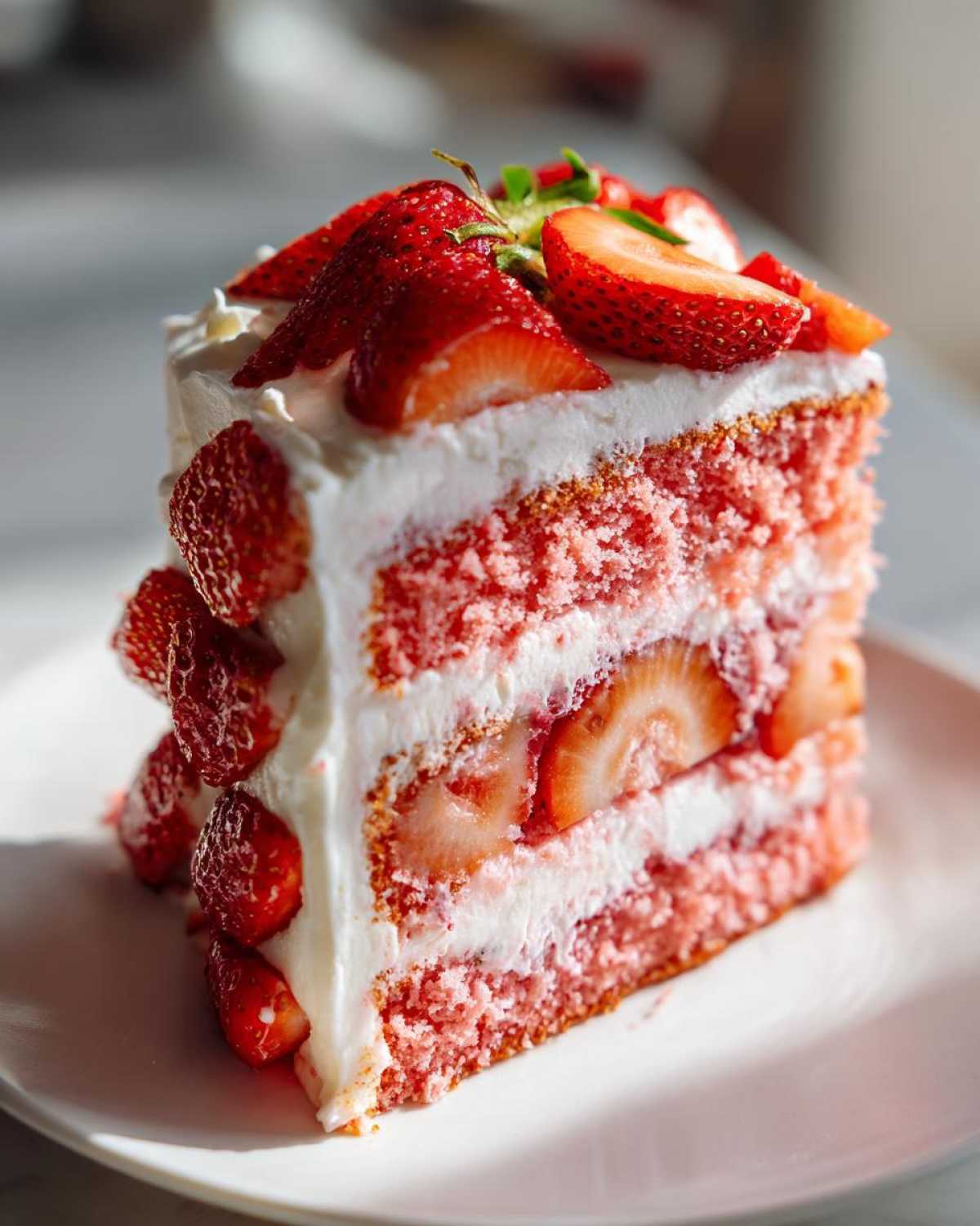 A tall, moist slice of homemade strawberry cake with pink layers, white cream, and fresh strawberry slices.