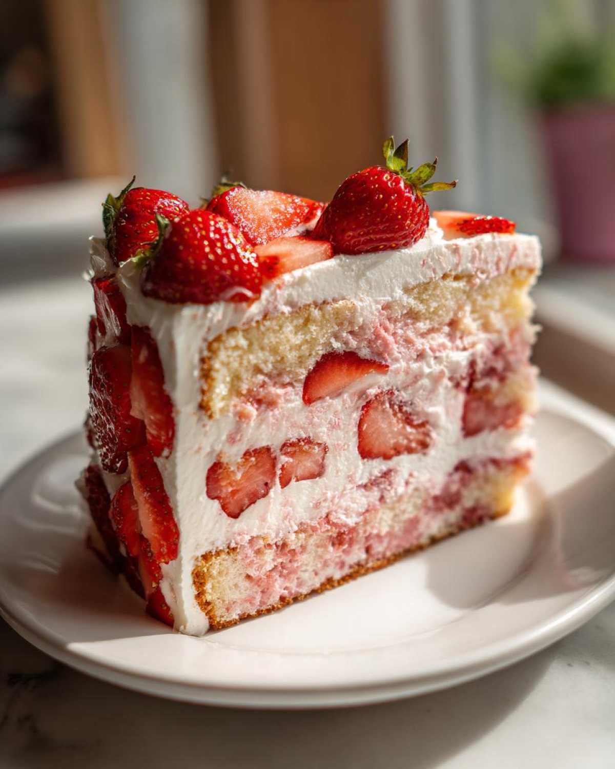 A tall slice of homemade strawberry cake with layers of sponge, fresh strawberries, and white cream, topped with whole strawberries.