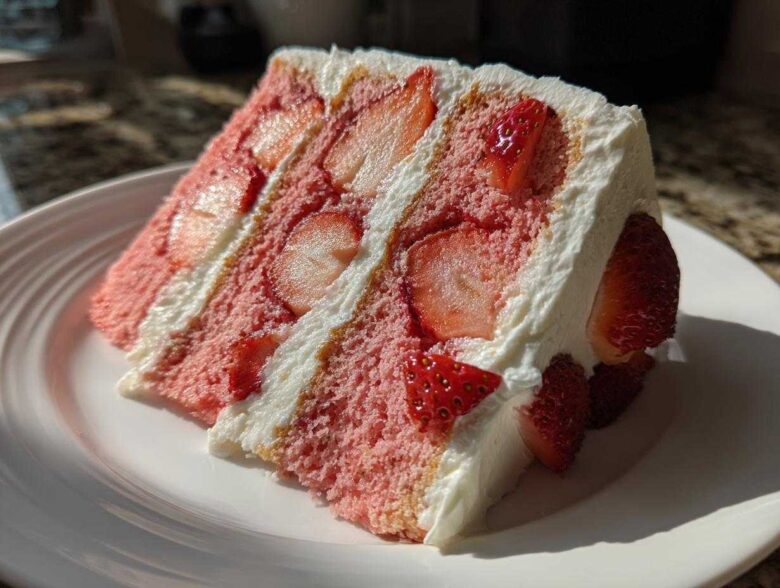 A generous slice of homemade strawberry cake featuring pink layers, fresh sliced strawberries, and thick white whipped cream frosting.