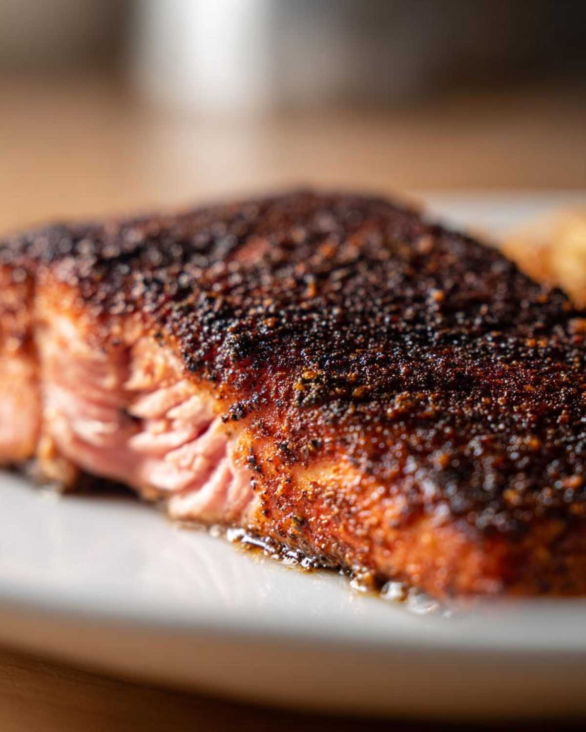 Close-up of a perfectly cooked blackened salmon fillet showing the dark spice crust and flaky pink interior.
