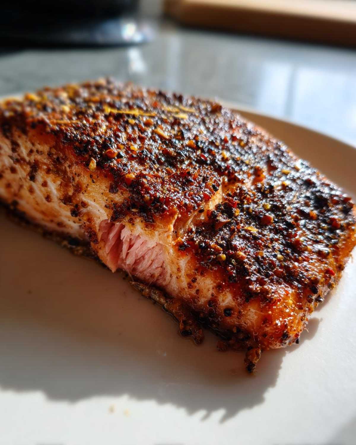 Close-up of a perfectly cooked blackened salmon fillet showing a dark, spicy crust and moist pink interior.