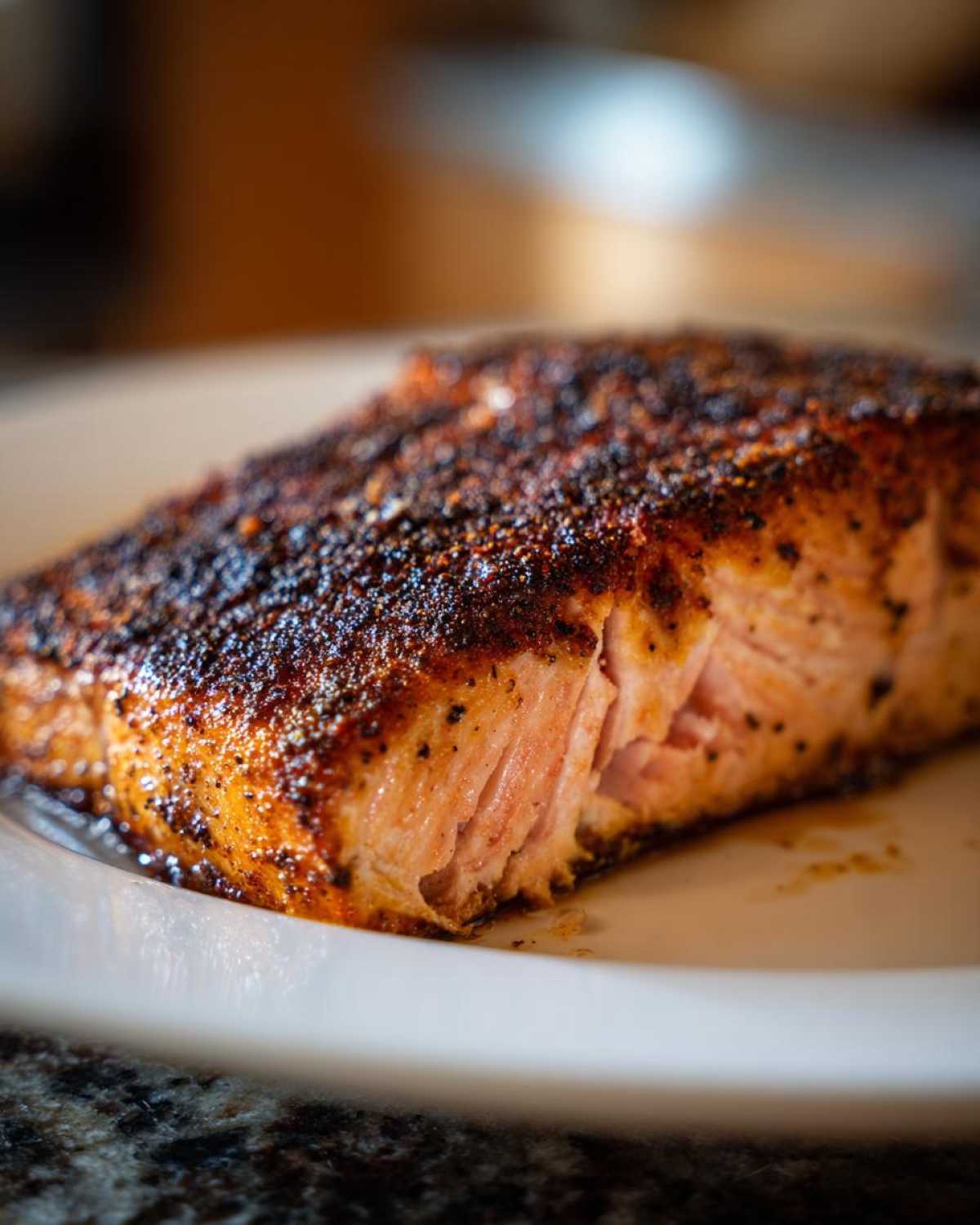 Close-up of a thick, flaky piece of blackened salmon showing the dark spice crust and moist interior.