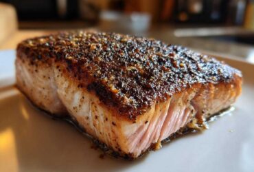 Close-up of a thick, perfectly cooked piece of blackened salmon showing a dark, seasoned crust and flaky pink interior.