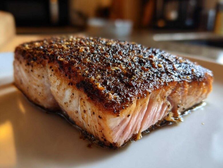 Close-up of a thick, perfectly cooked piece of blackened salmon showing a dark, seasoned crust and flaky pink interior.