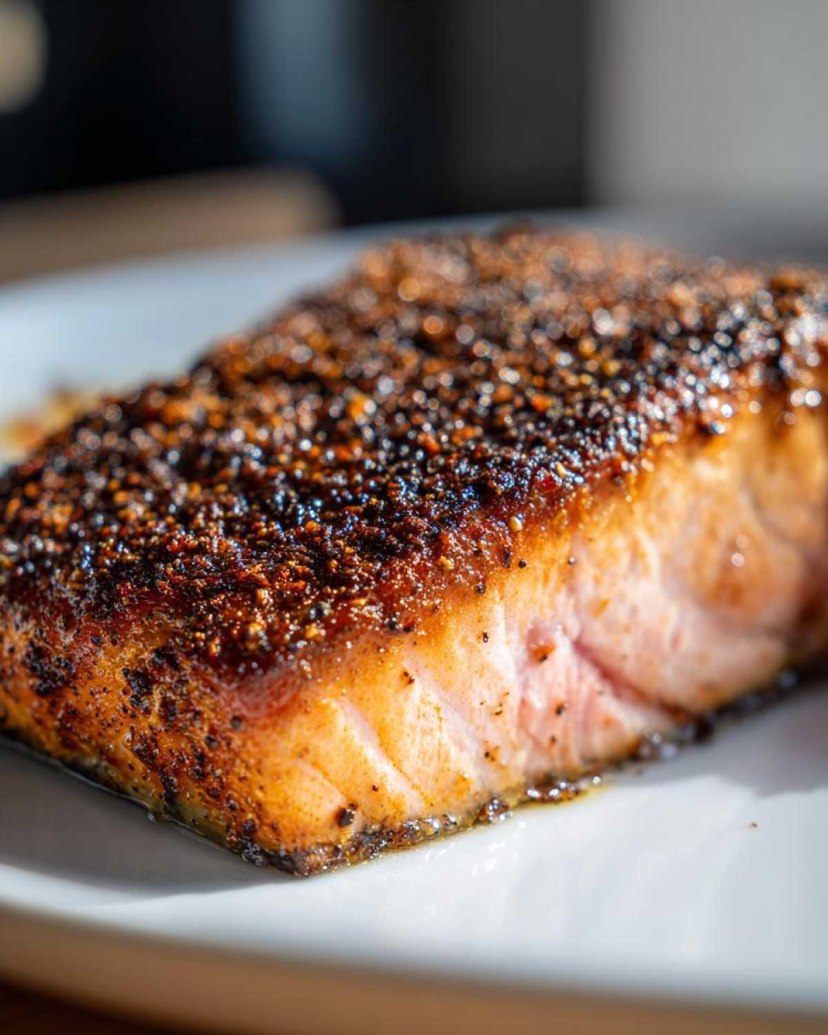 Close-up of a thick fillet of blackened salmon with a heavily seasoned, dark crust resting on a white plate.