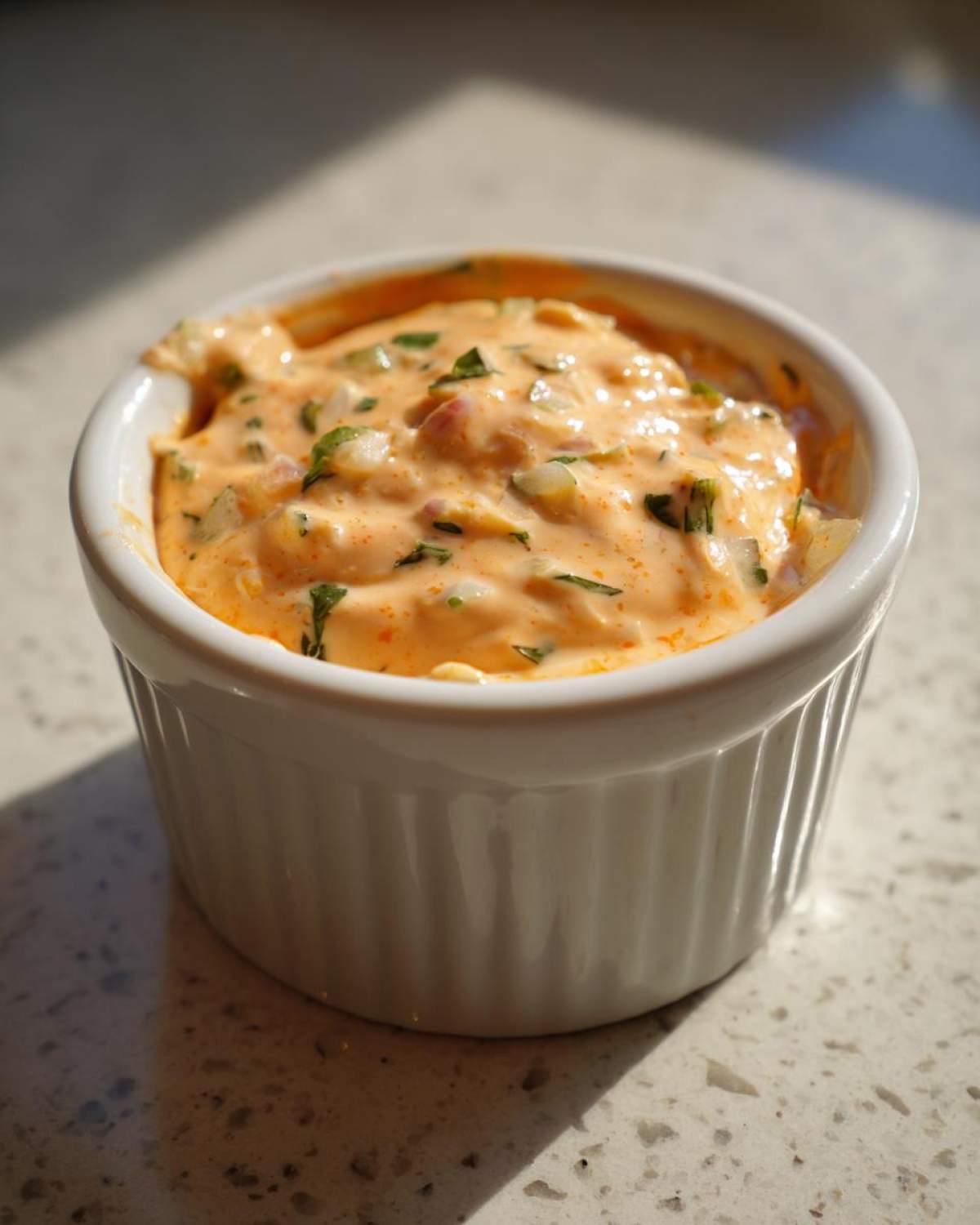 Close-up of a creamy, orange-hued remoulade sauce filled with chopped herbs and relish in a small white ramekin.