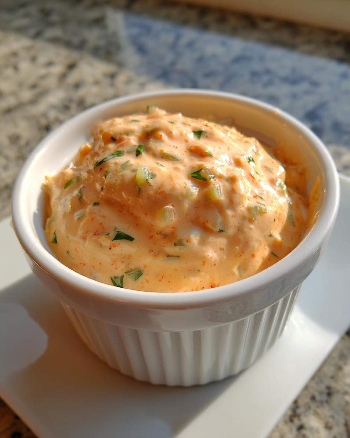 A small white ramekin filled with thick, orange-hued remoulade sauce mixed with chopped green herbs and relish.