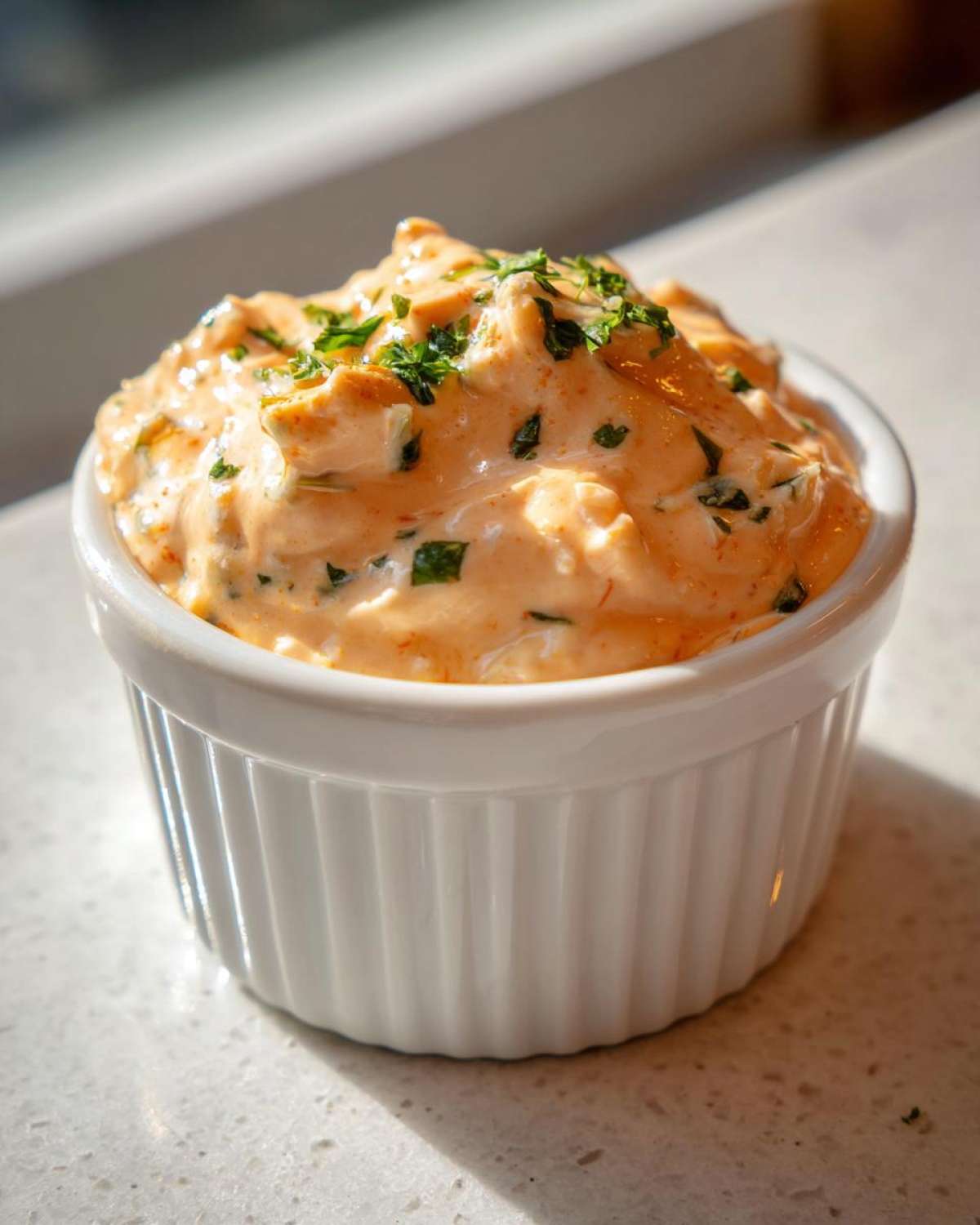 A close-up of thick, creamy orange remoulade sauce topped with fresh green herbs in a small white fluted ramekin.