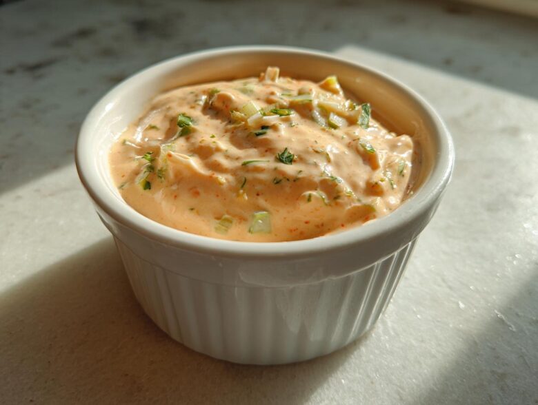 A close-up of thick, creamy, orange-hued remoulade sauce speckled with green herbs and chopped celery.