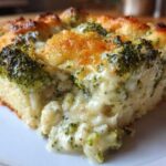 A close-up, gooey slice of broccoli cheese casserole with a golden, baked top crust.