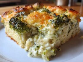 A close-up, gooey slice of broccoli cheese casserole with a golden, baked top crust.