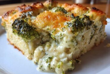 A close-up, gooey slice of broccoli cheese casserole with a golden, baked top crust.