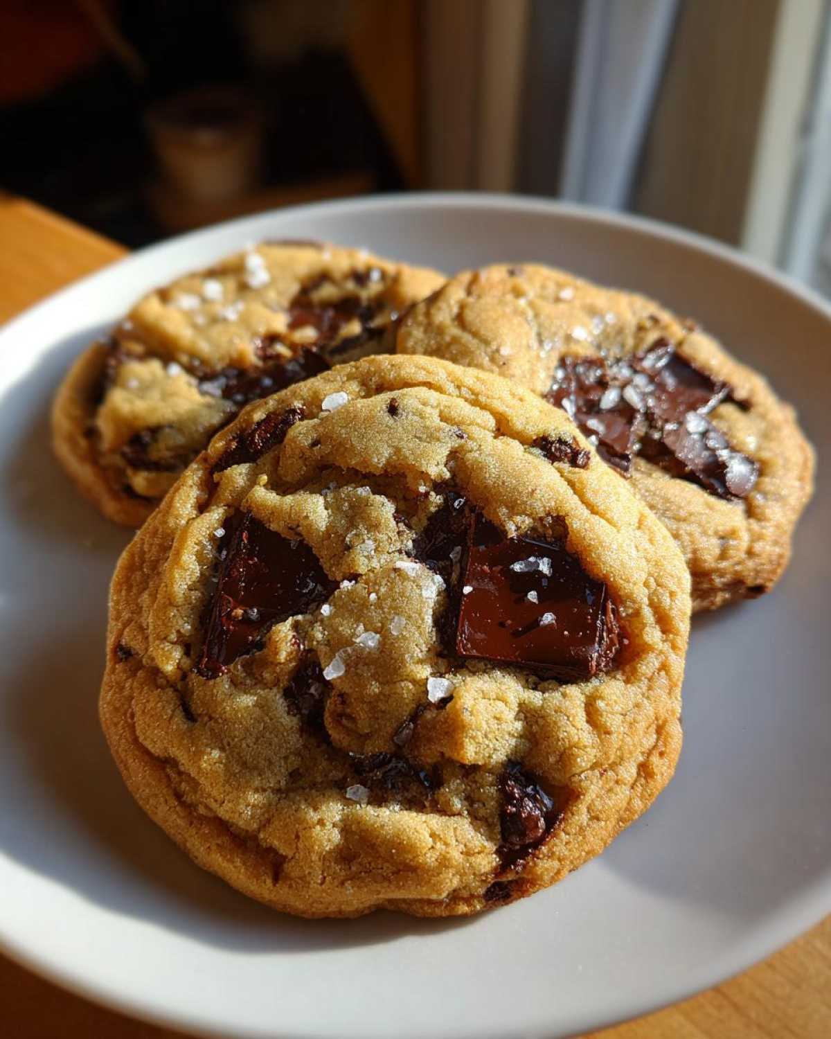 Close-up of three chewy brown butter chocolate chip cookies topped with flaky sea salt on a light plate.