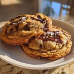 Two thick, golden brown butter chocolate chip cookies topped with flaky sea salt on a white plate.