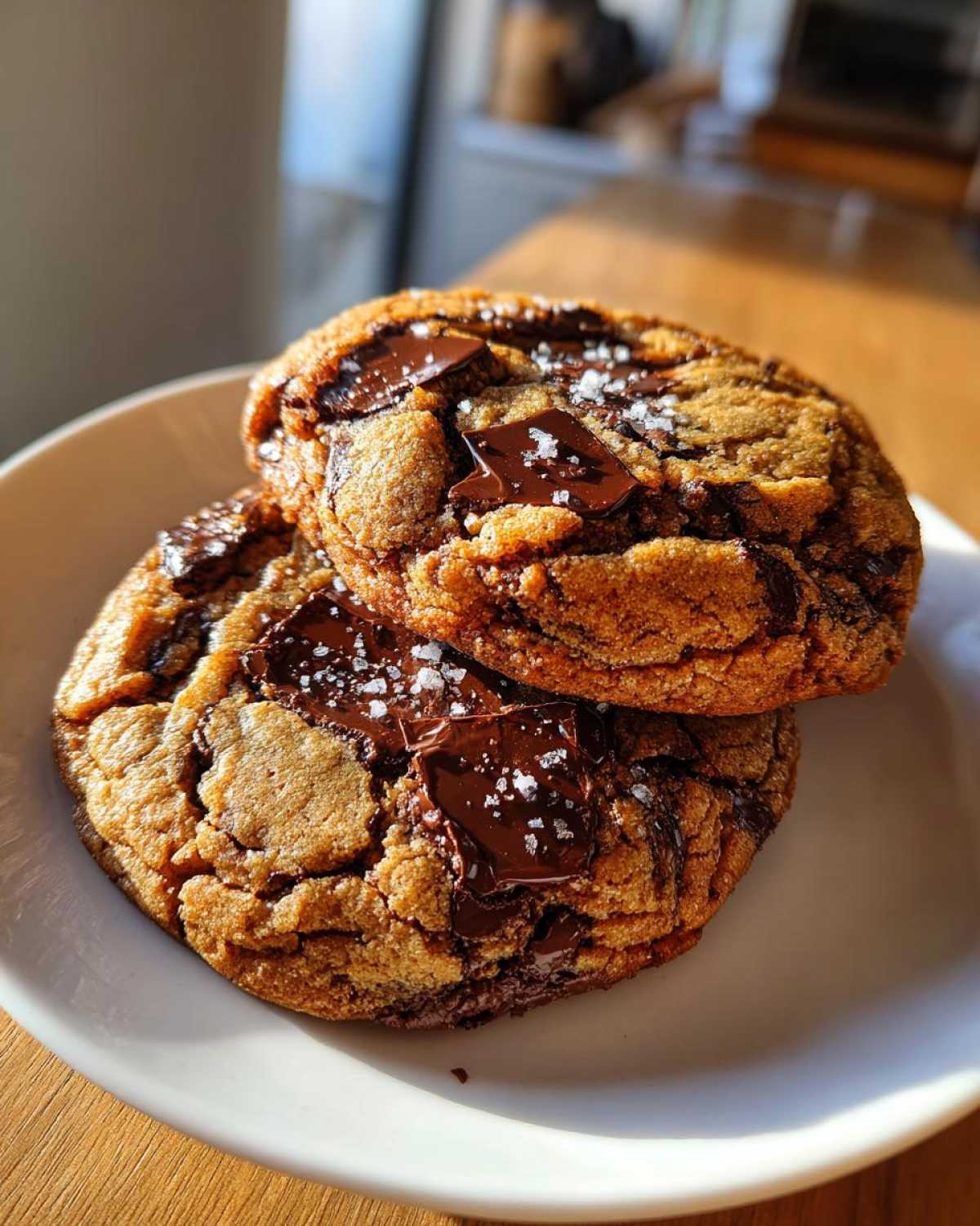 Close-up of two rich brown butter chocolate chip cookies topped with melted chocolate chunks and flaky sea salt.