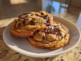 Two thick, golden brown butter chocolate chip cookies topped with flaky sea salt on a white plate.