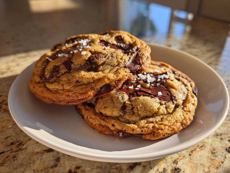 Two thick, golden brown butter chocolate chip cookies topped with flaky sea salt on a white plate.