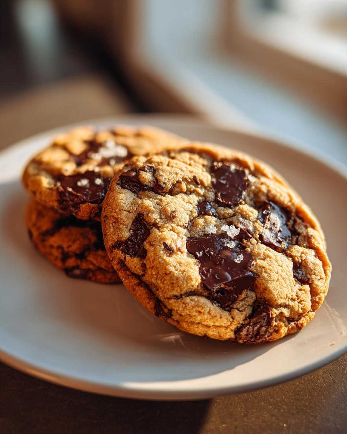 Close-up of two chewy brown butter chocolate chip cookies topped with melted chocolate chunks and flaky sea salt.