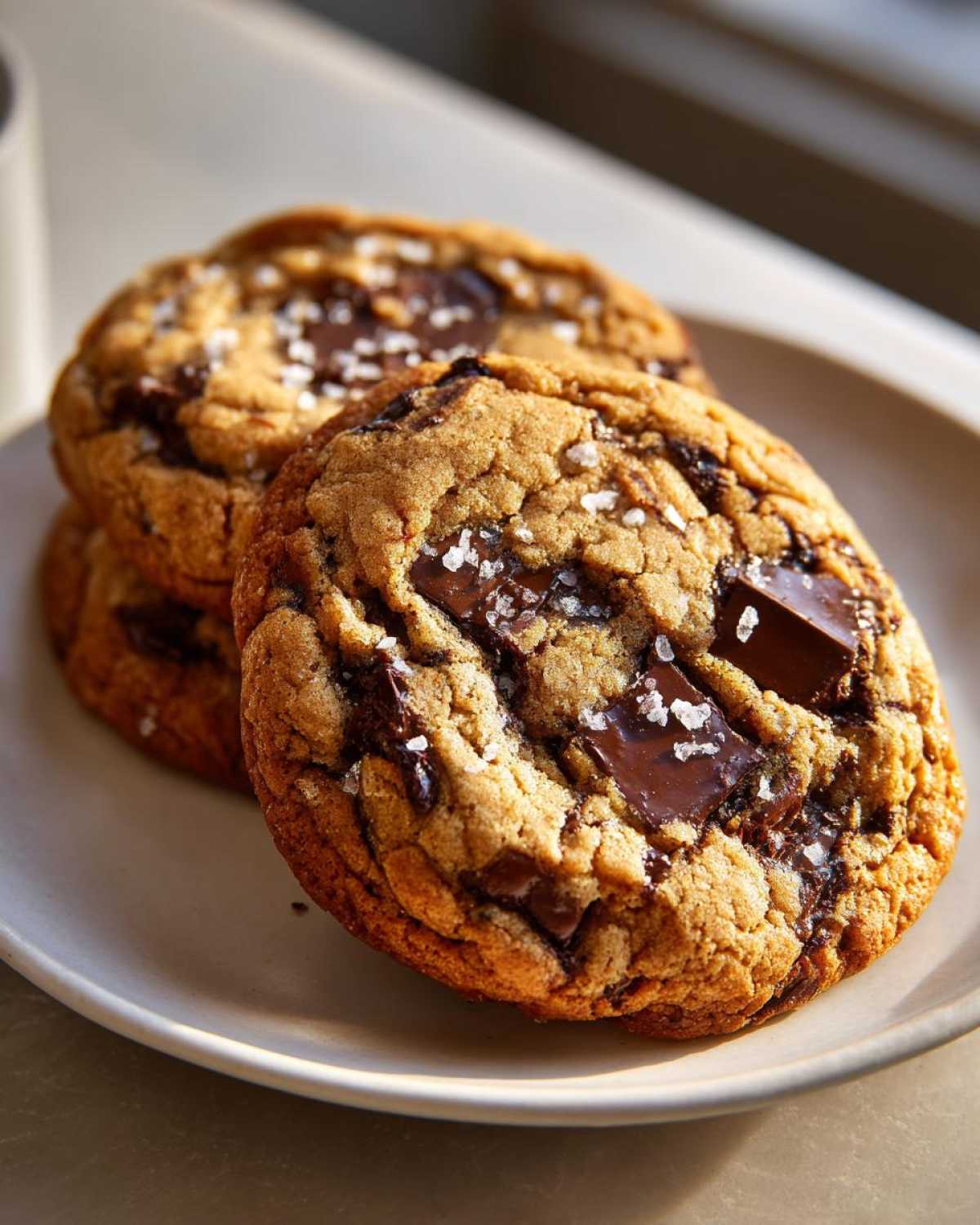 Close-up of thick, chewy brown butter chocolate chip cookies topped with flaky sea salt.