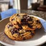 Two perfectly baked brown butter chocolate chip cookies stacked on a white plate, topped with melted chocolate and flaky sea salt.