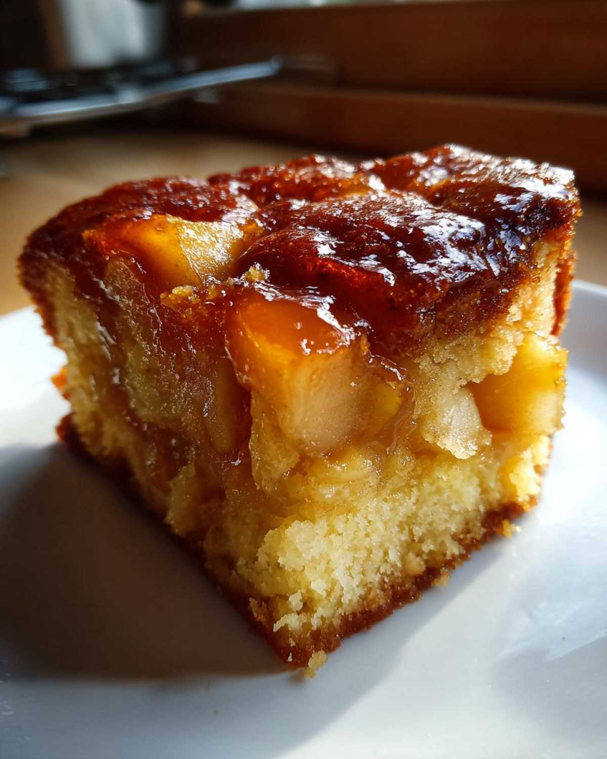 Close-up of a moist slice of caramel apple dump cake showing caramelized apples on top of a golden cake base.