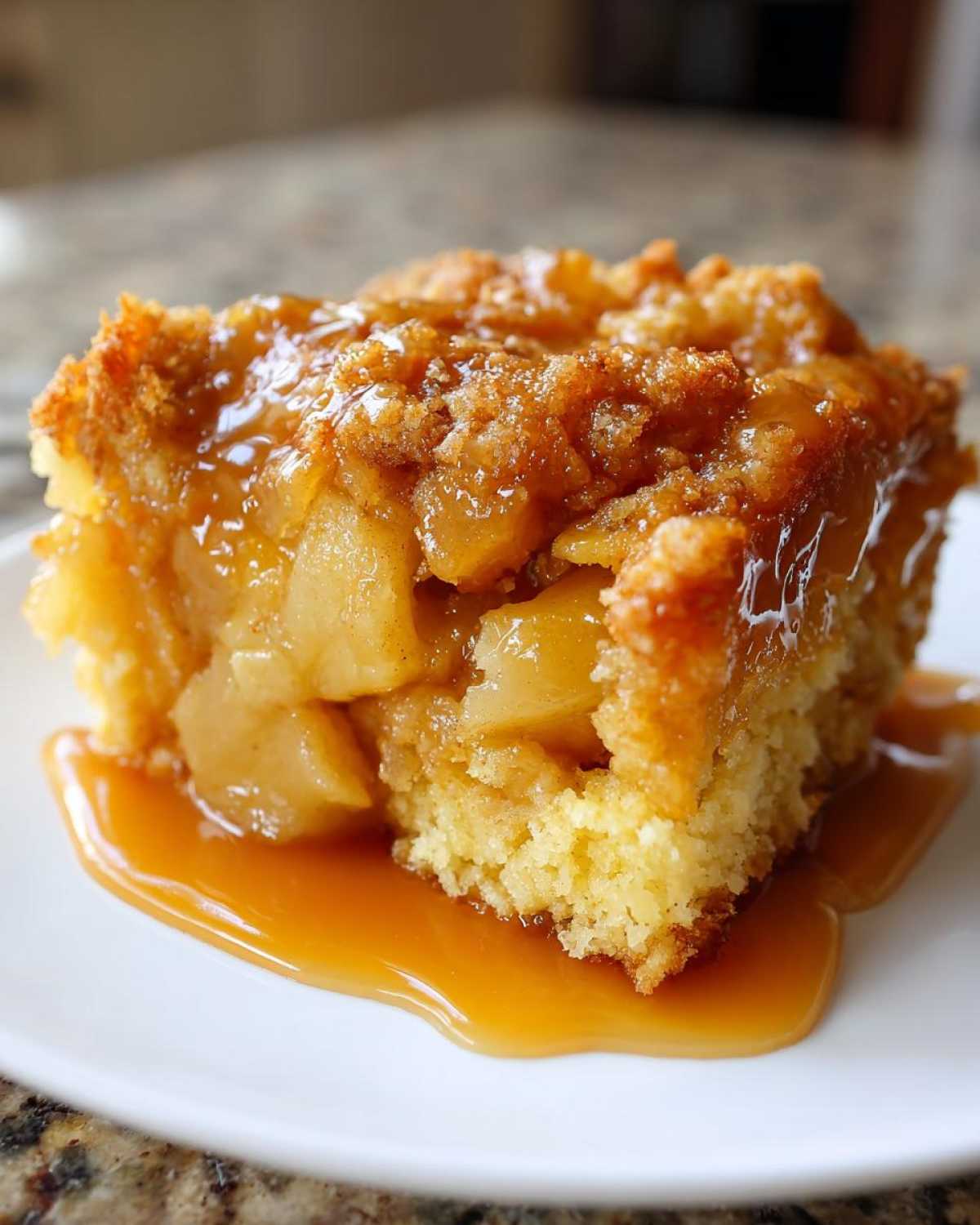 A close-up of a warm slice of caramel apple dump cake, topped with gooey caramel sauce pooling on a white plate.