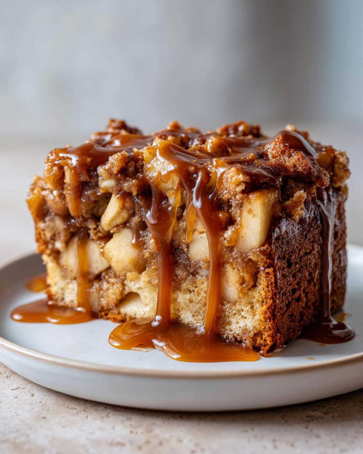 A close-up of a moist slice of apple dapple cake topped with chunks of apple and rich caramel sauce.
