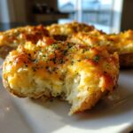 A close-up of a serving of baked potato casserole, topped with melted cheddar cheese and parsley, with a bite taken out.